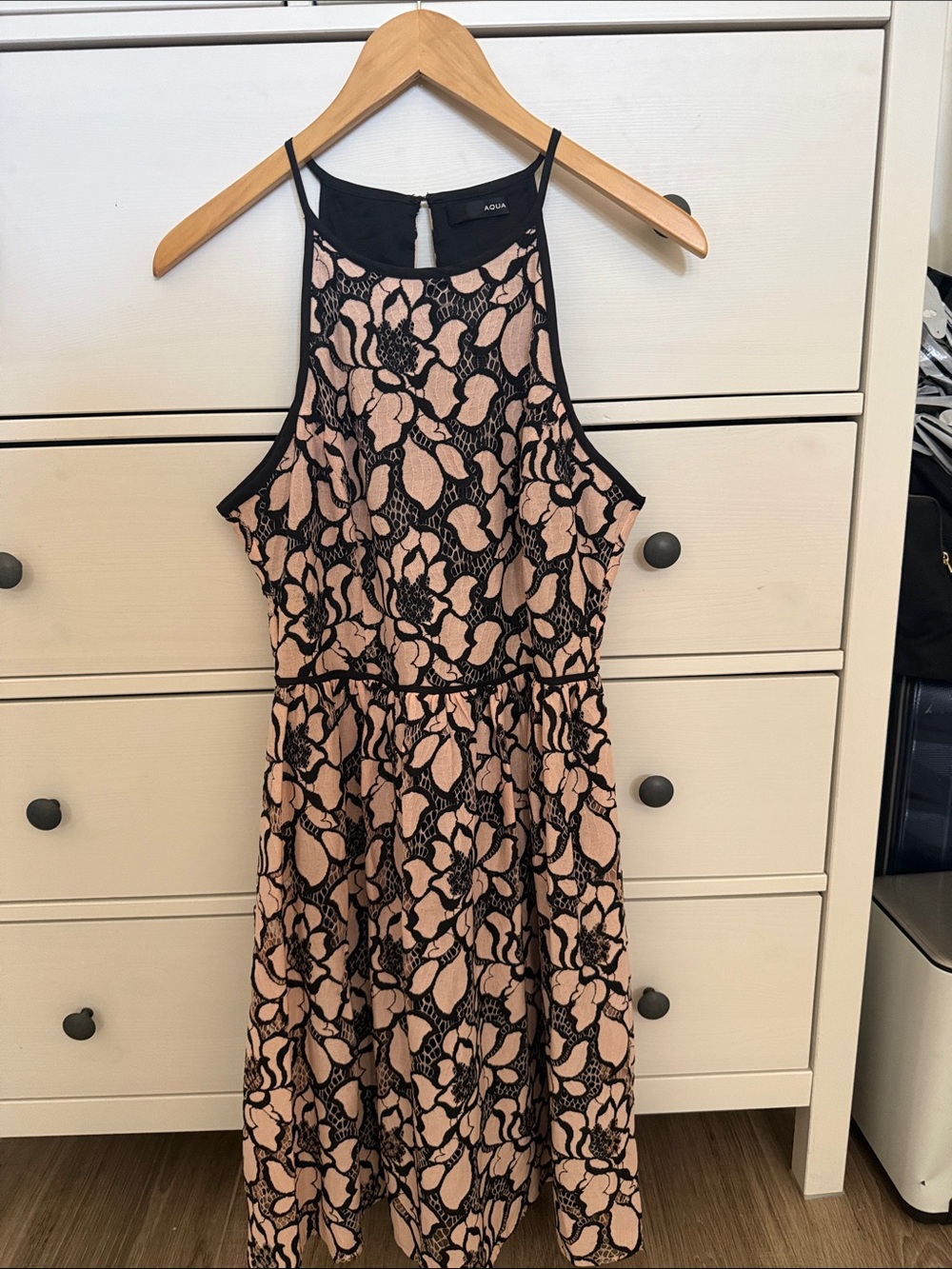 Aqua Pink and Black Lace Halter Midi Dress
